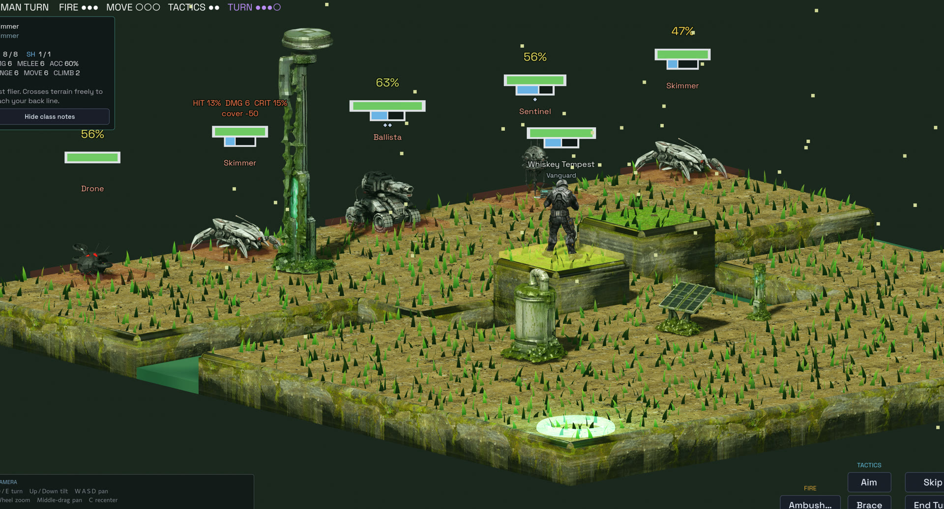 Isometric tactical view showing hit percentages, cover indicators and the tactics panel